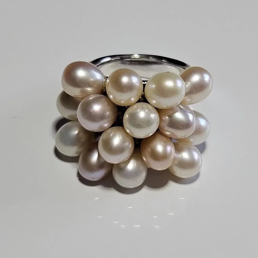 Vintage Sterling Silver Freshwater Pink Cream Peach Cluster Ring Size 6
